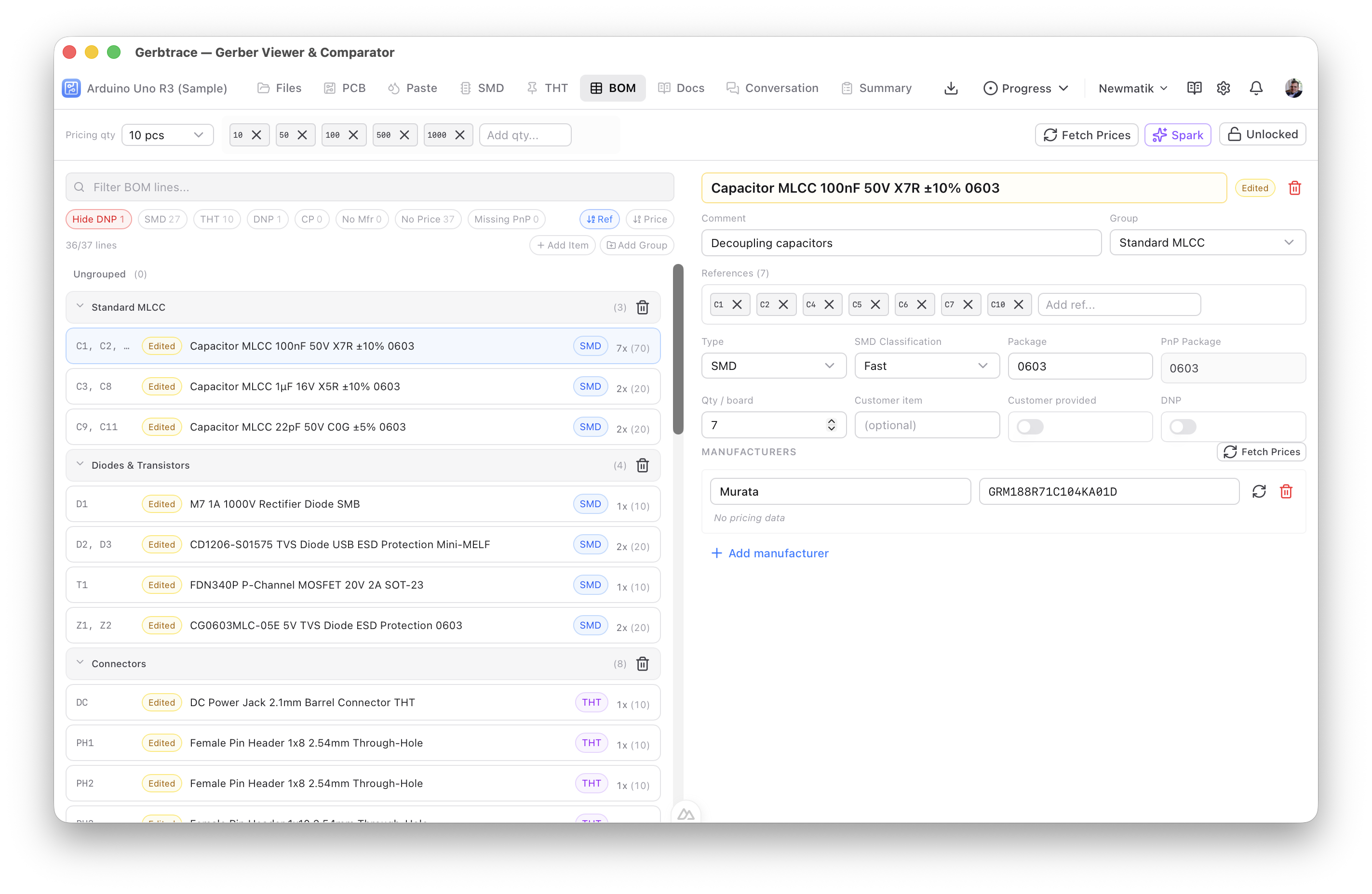 Spark AI enriching BOM components with part numbers and descriptions