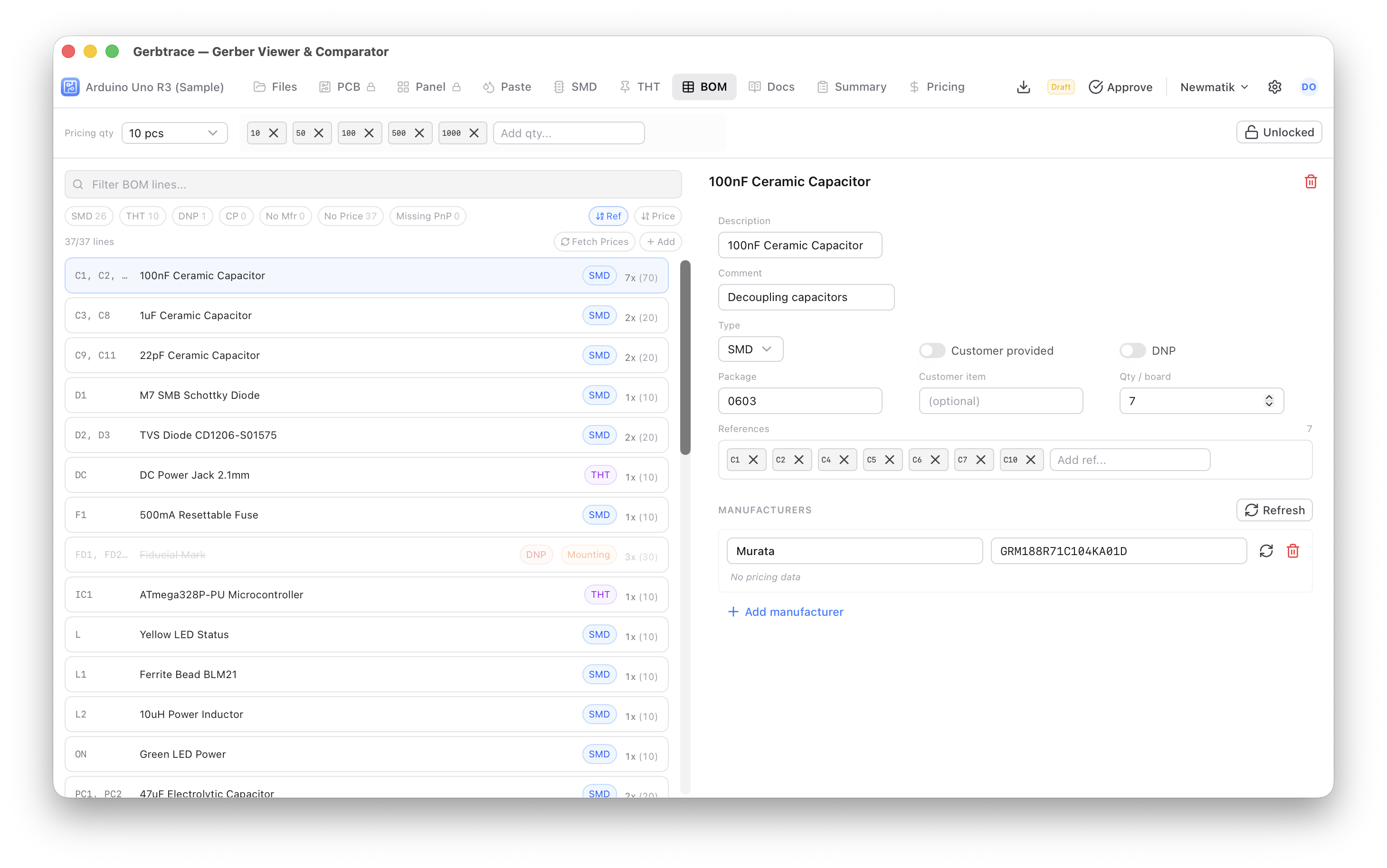 BOM management panel with component groups and pricing