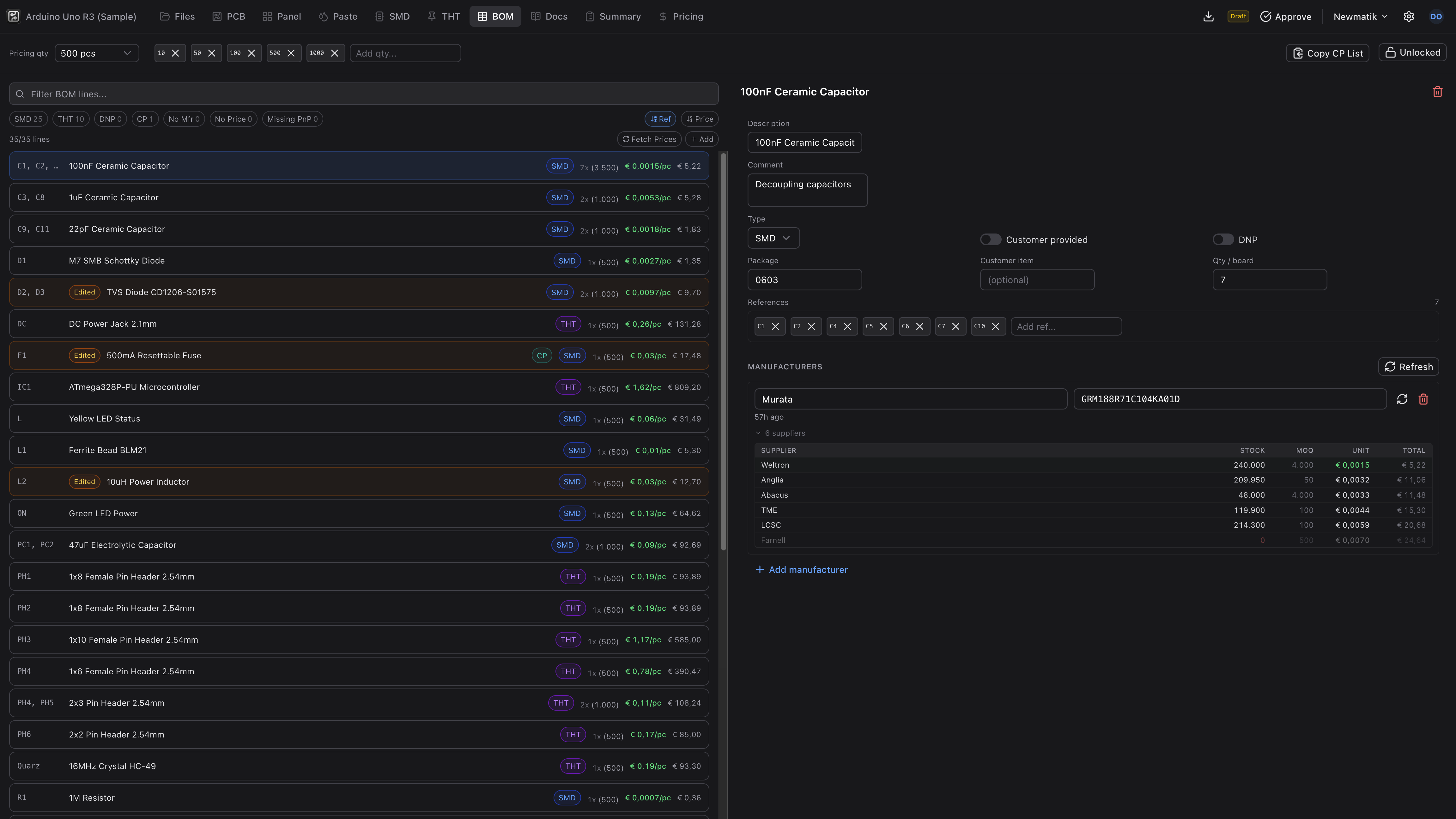 BOM with live distributor pricing from multiple suppliers