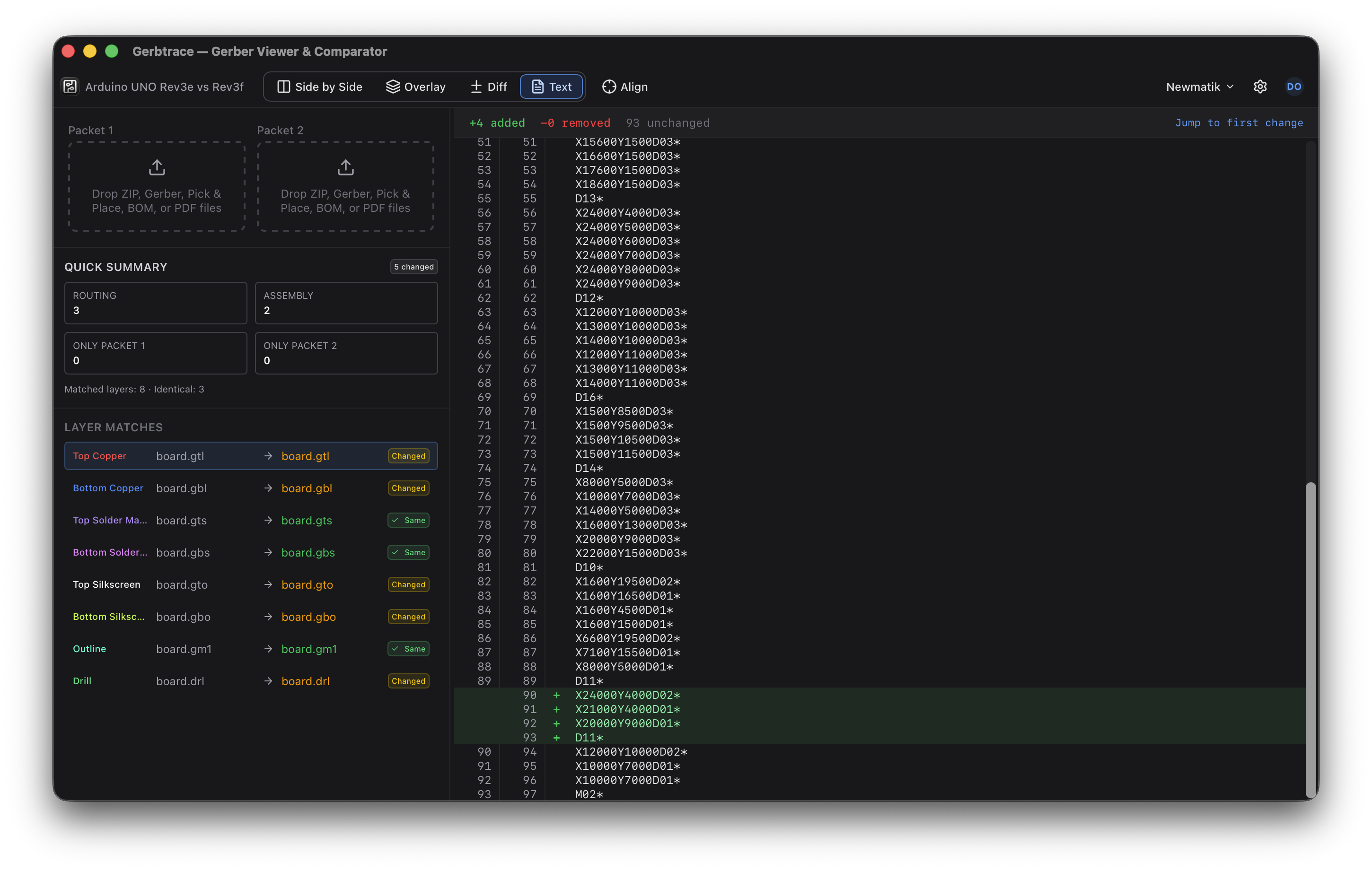 Text Diff showing line-by-line Gerber source changes