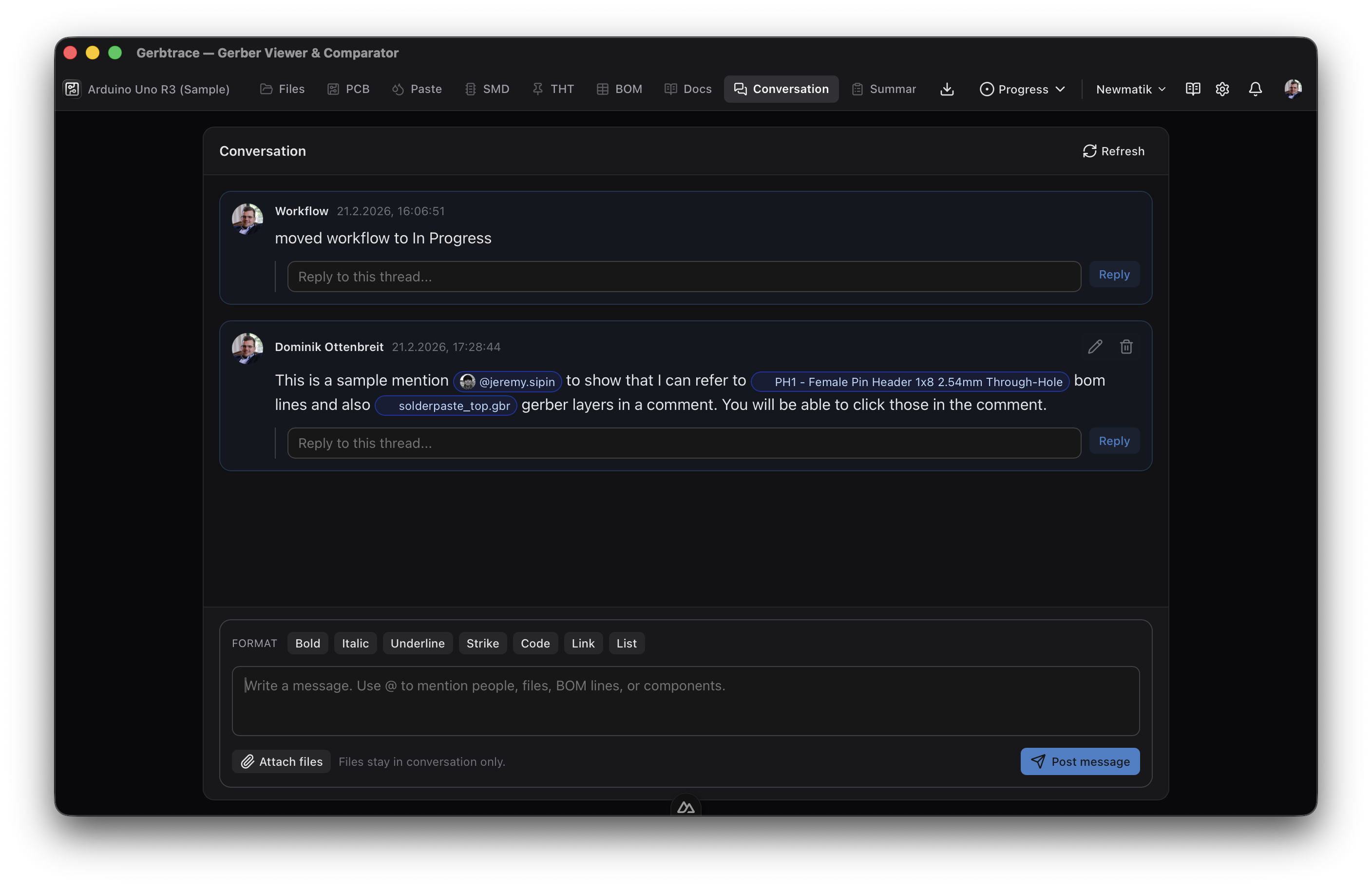 Conversation panel with threaded messages