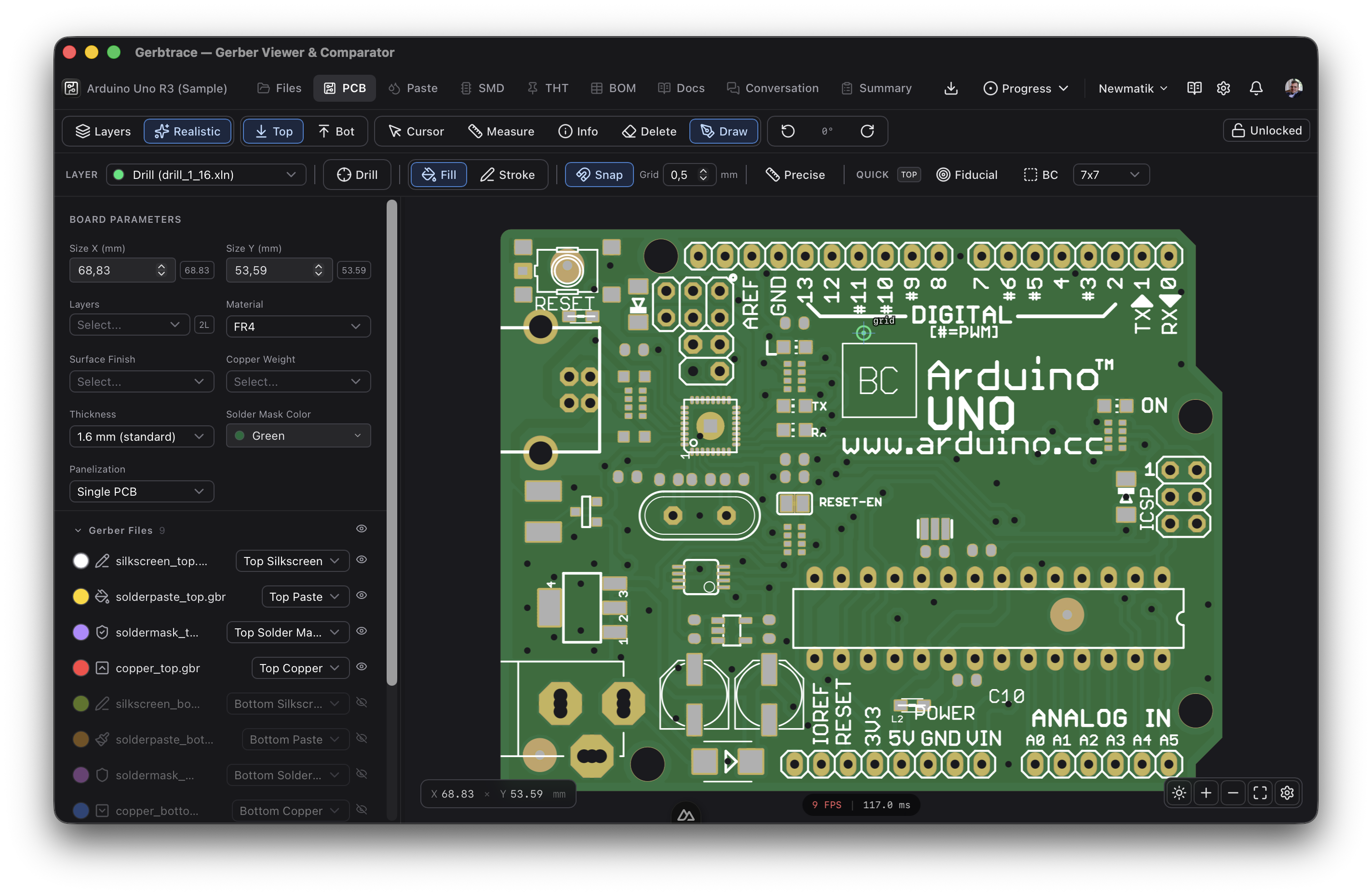 Draw tool active with shape toolbar and snap preview