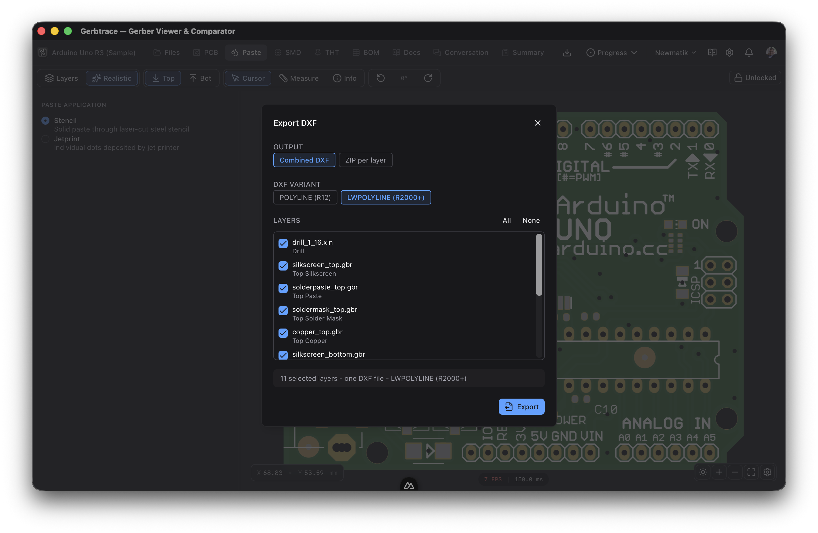 Export DXF modal with layer selection and variant options