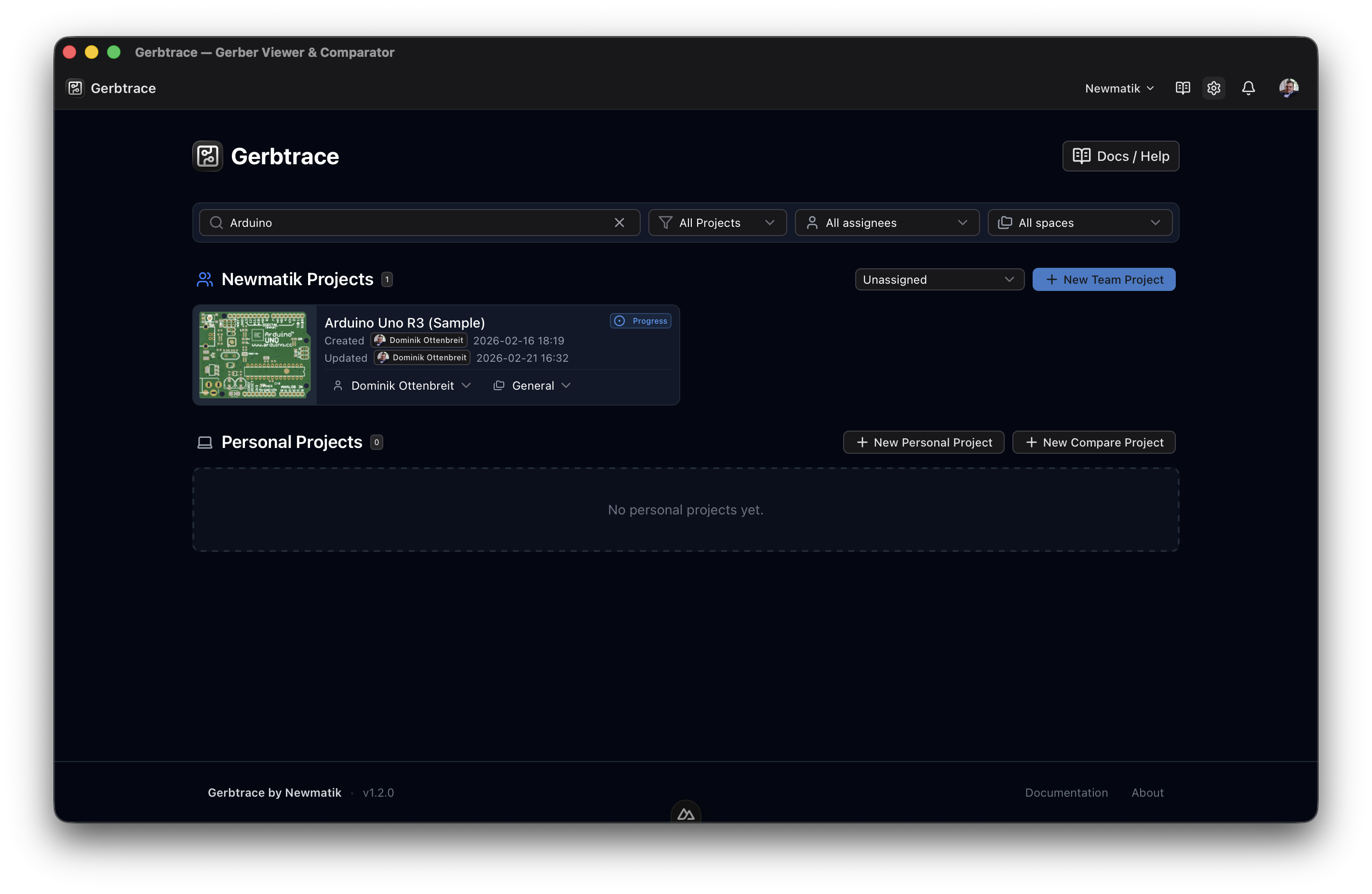 Gerbtrace homepage with project dashboard