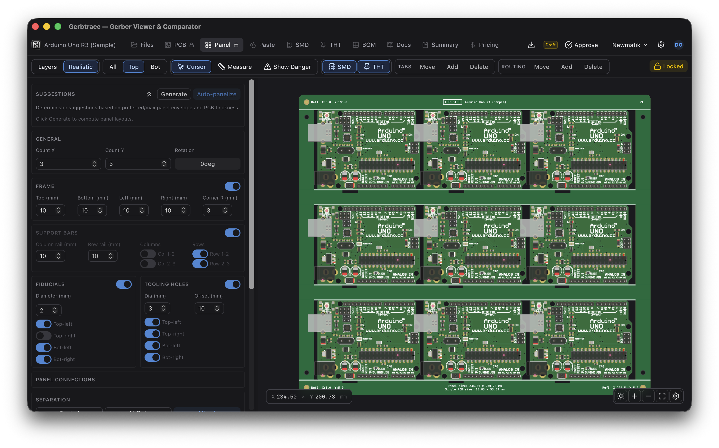 Panel tab showing a 3x3 panelized layout