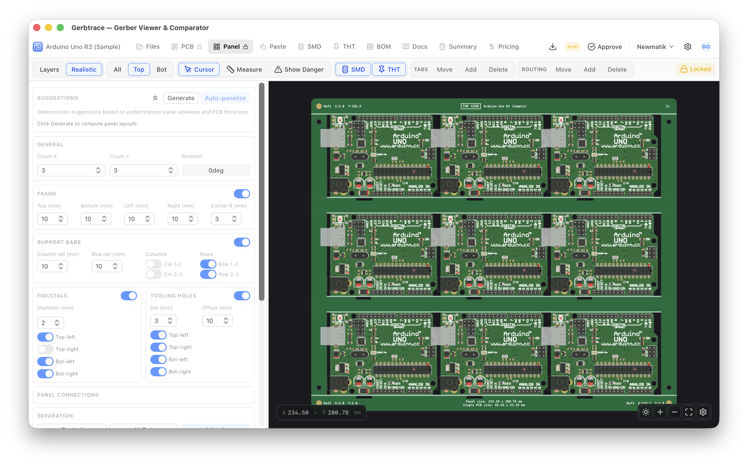 Panel configuration with grid layout and frame settings