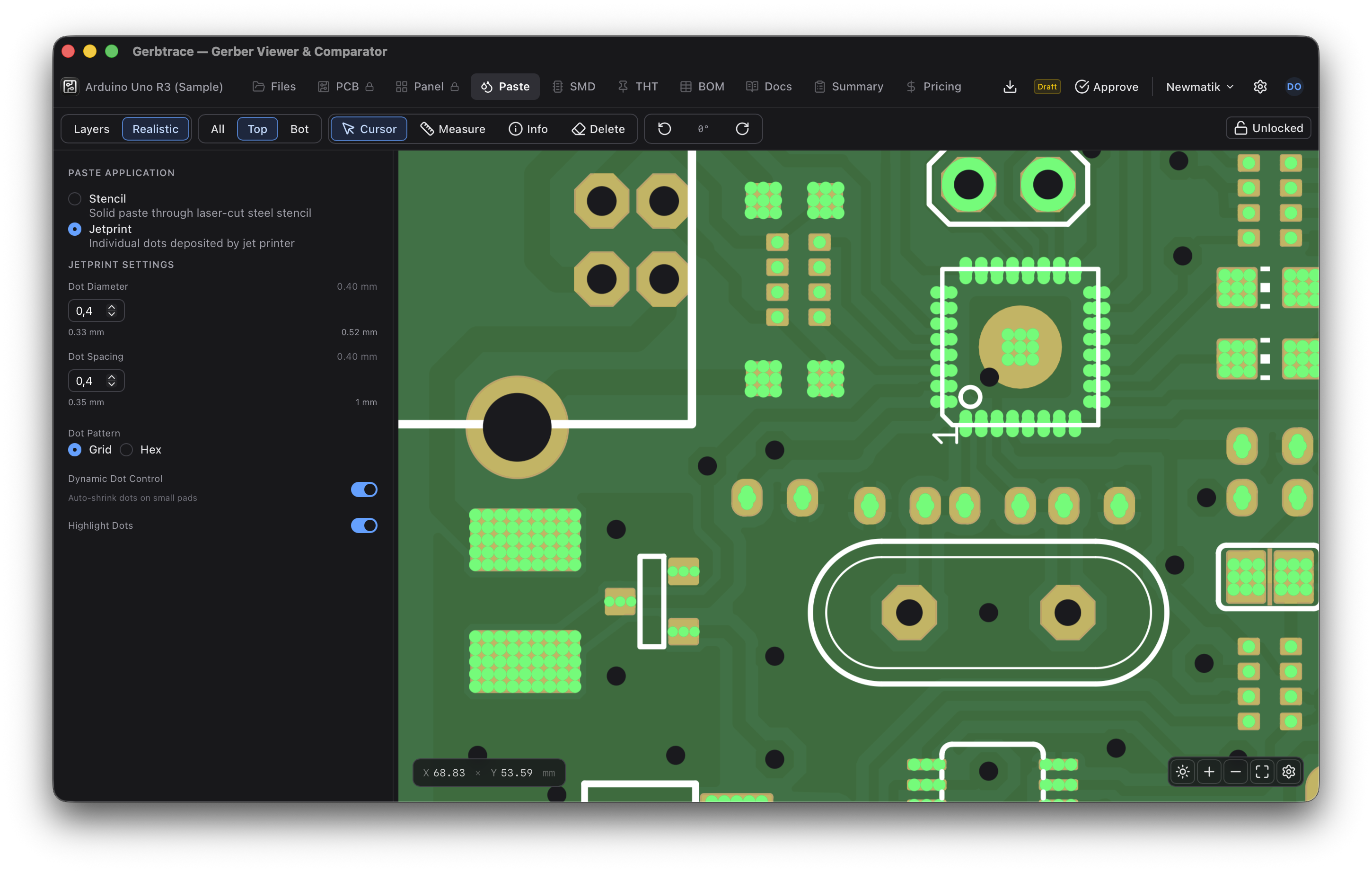 Paste tab in jet print mode with dot configuration
