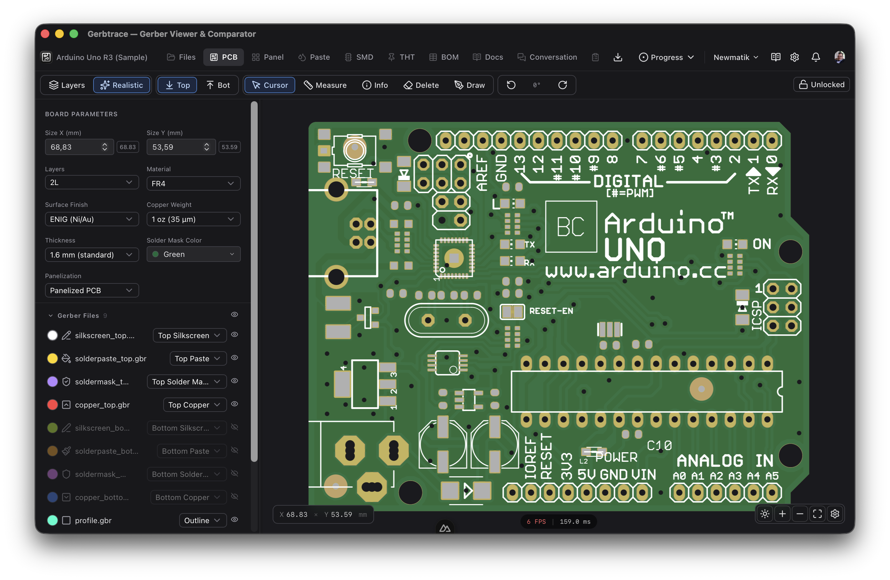 Gerbtrace PCB Viewer showing a circuit board with layer management