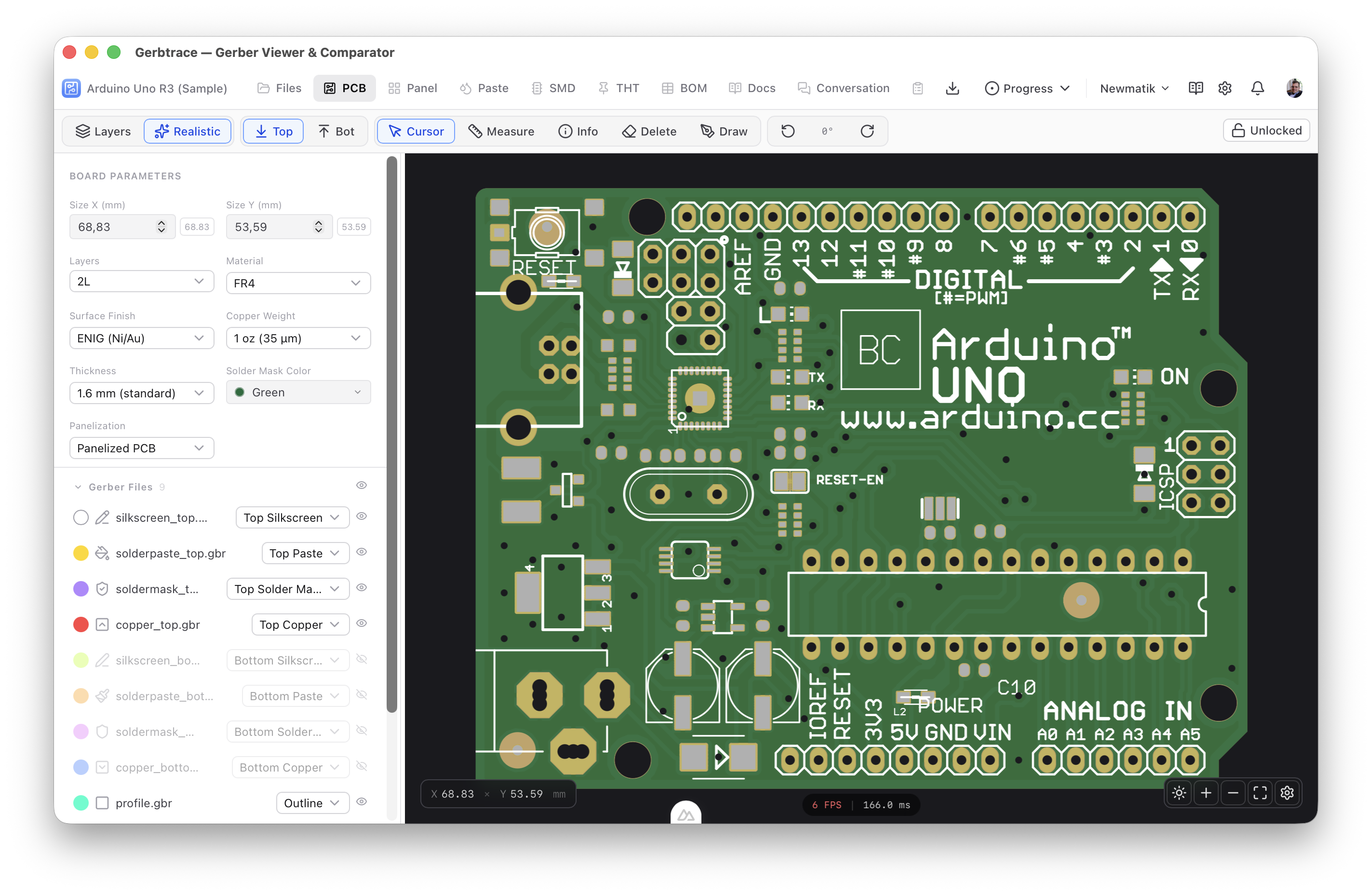 Gerbtrace PCB Viewer showing a circuit board with layer management