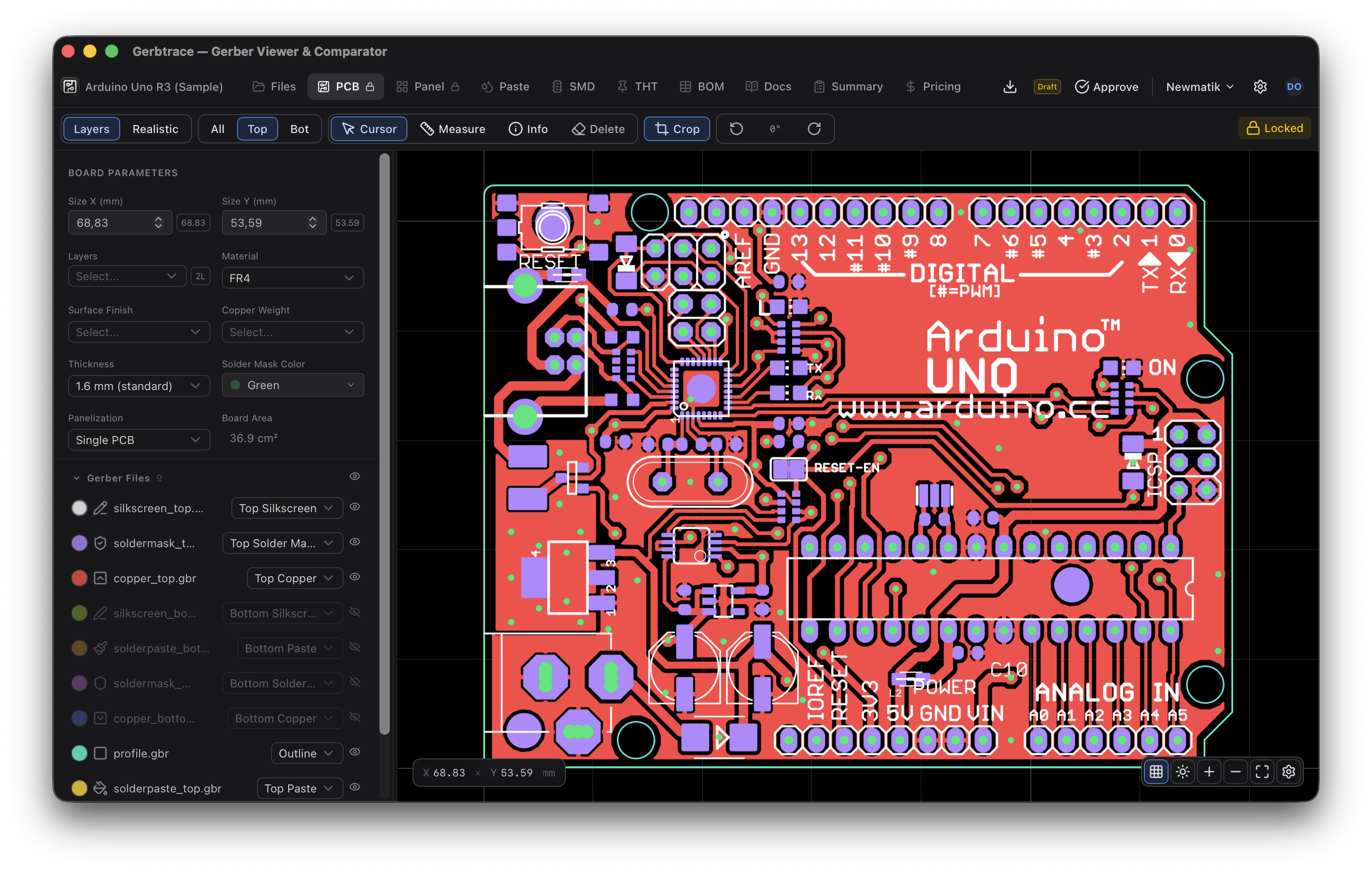 PCB tab showing board parameters and layer management