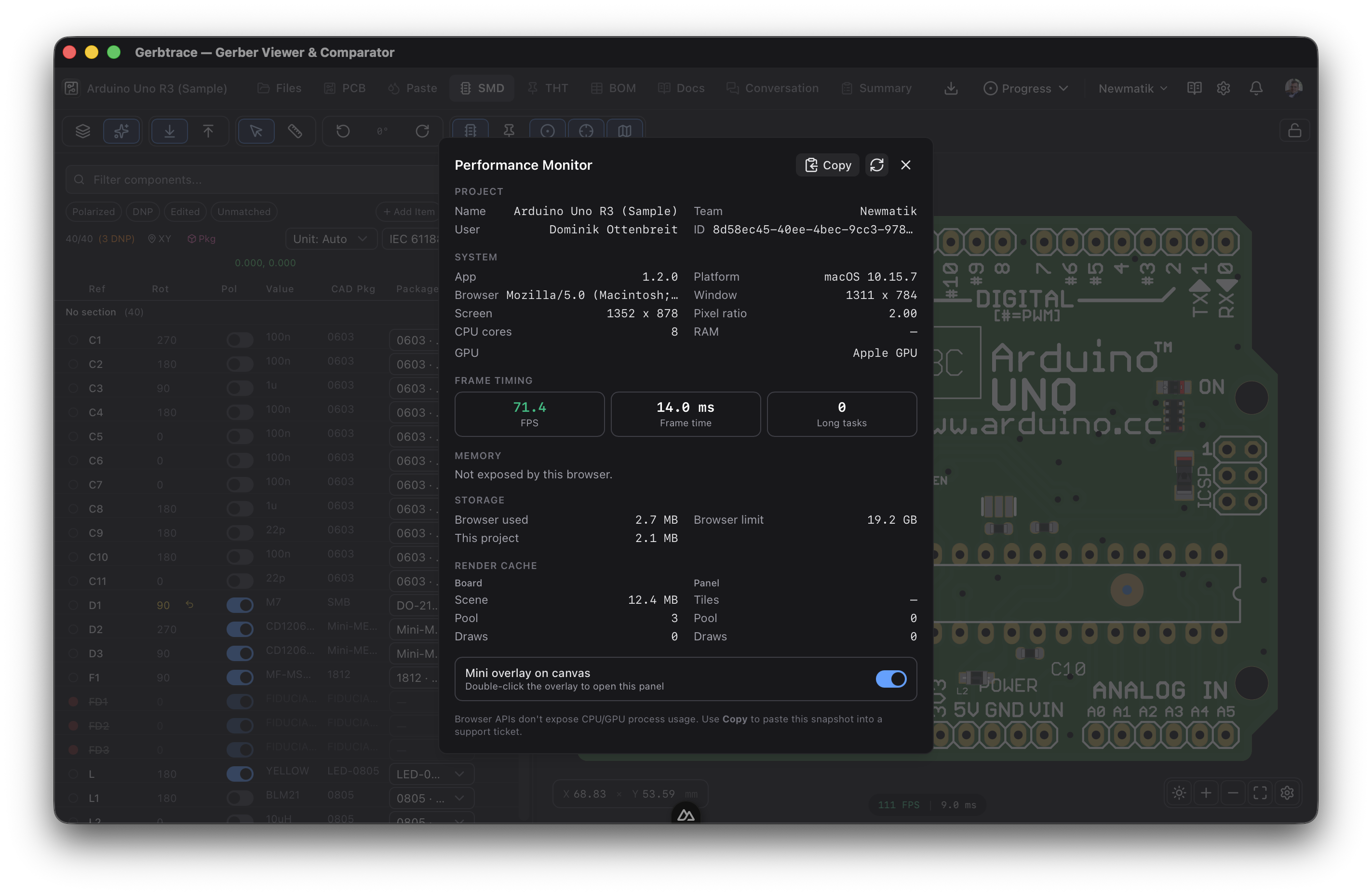 Performance Monitor showing system info, frame timing, and memory metrics