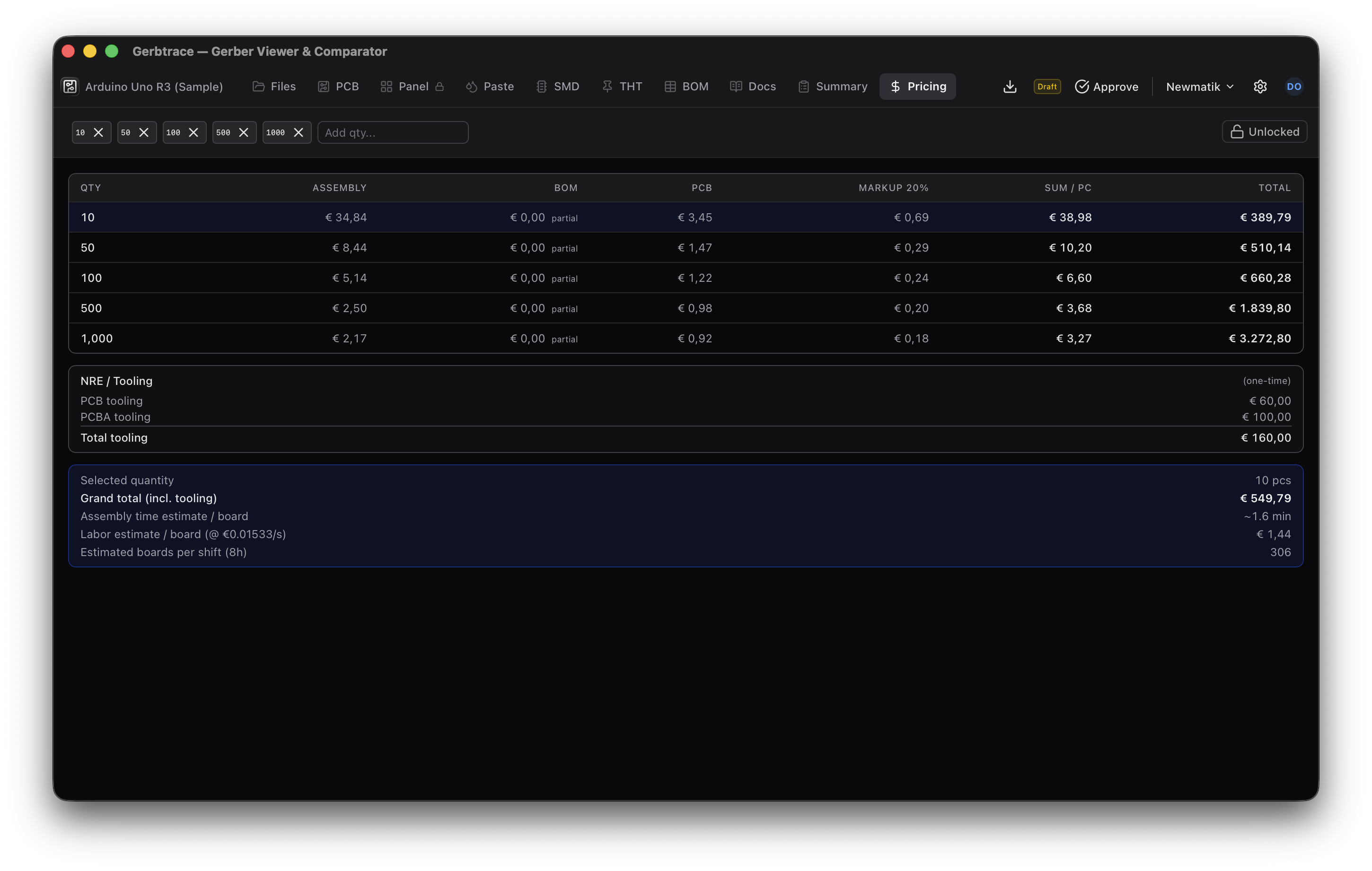Pricing tab with quantity tier breakdown