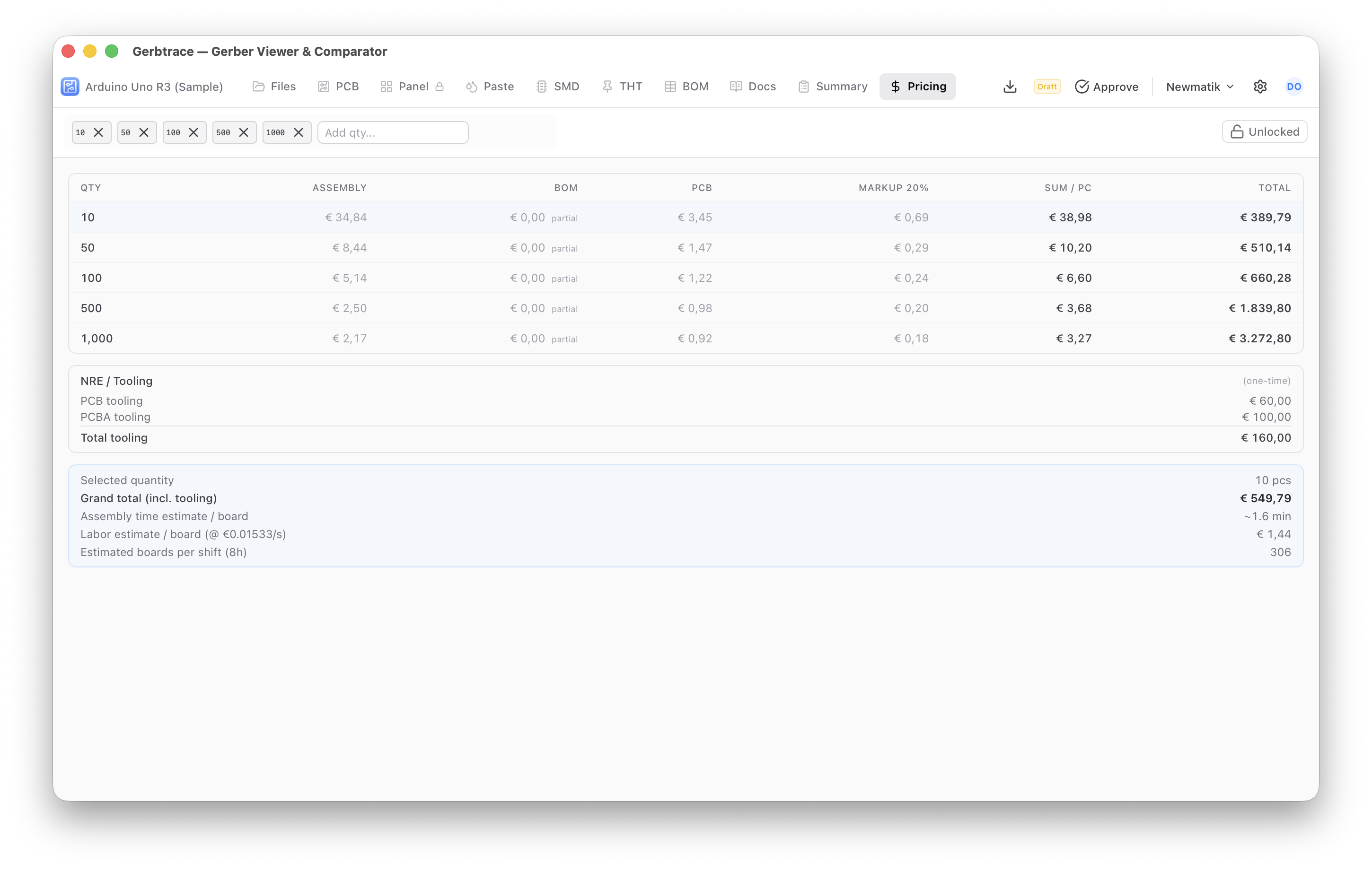 Cost estimation with quantity tier breakdown