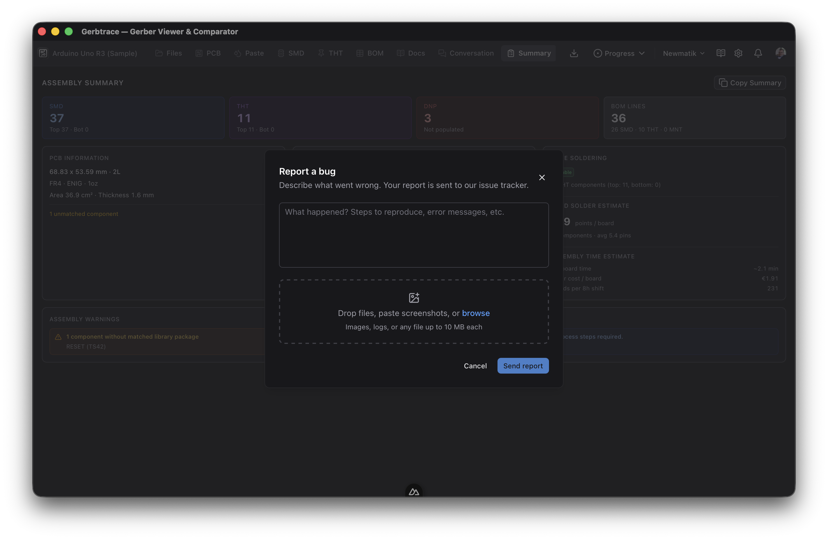 Report a Bug modal