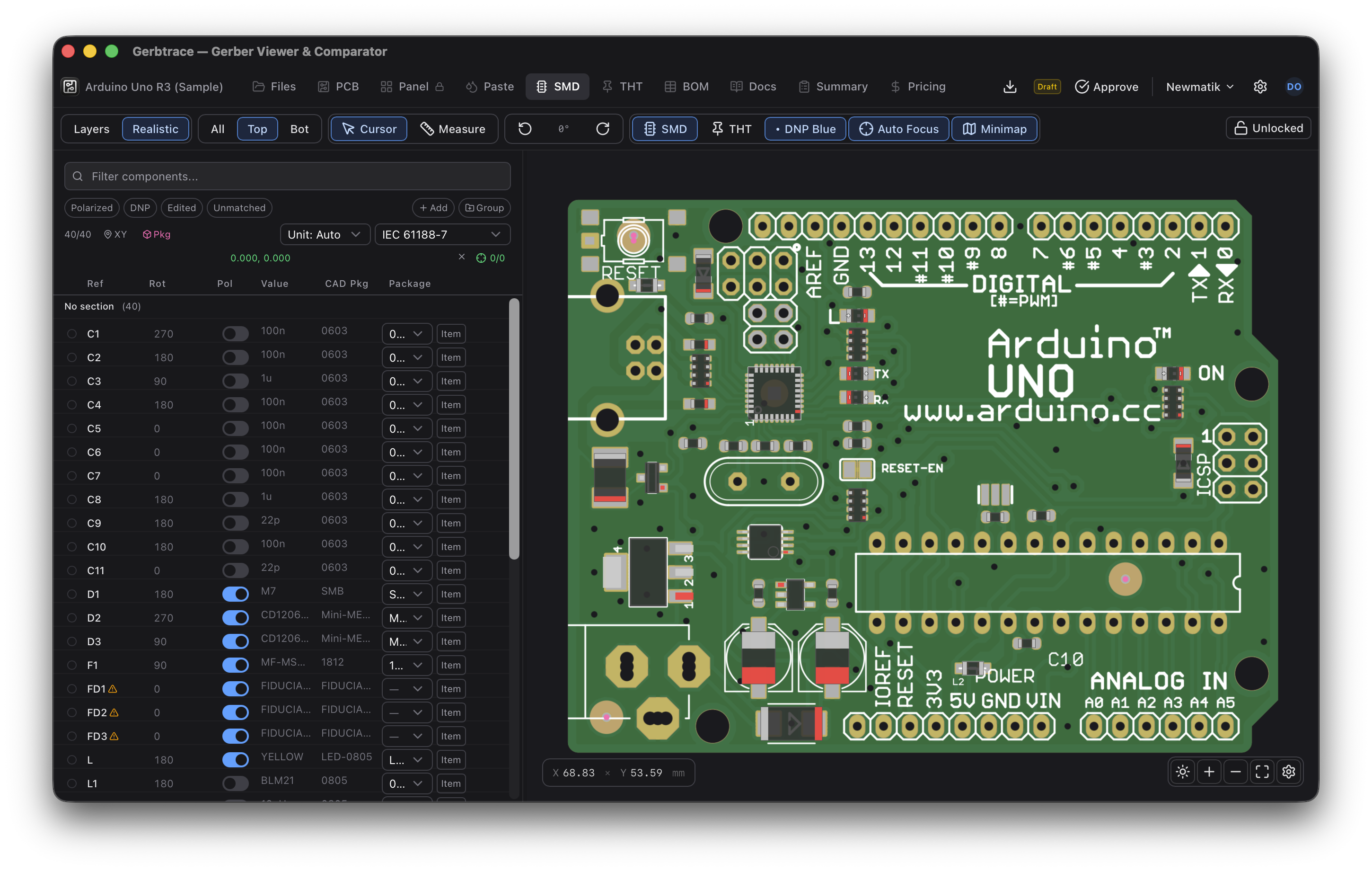 SMD tab with component list and board overlay