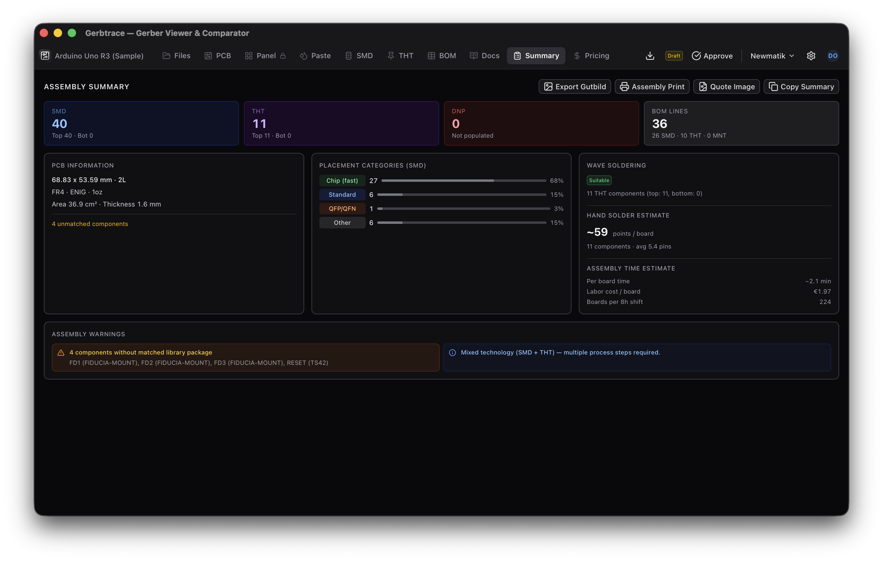 Summary tab with assembly overview and warnings