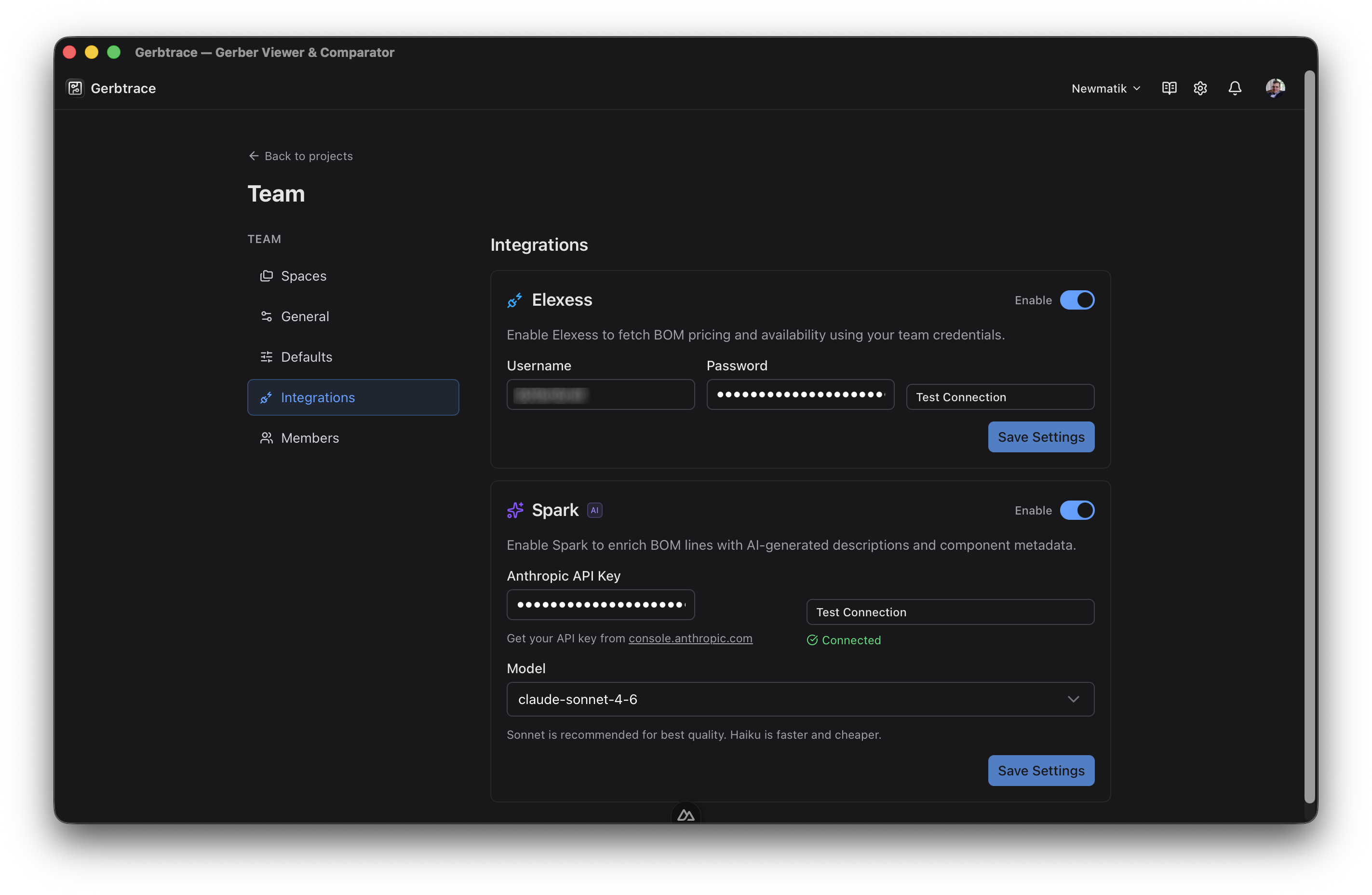 Team Settings Integrations tab showing Elexess and Spark AI configuration