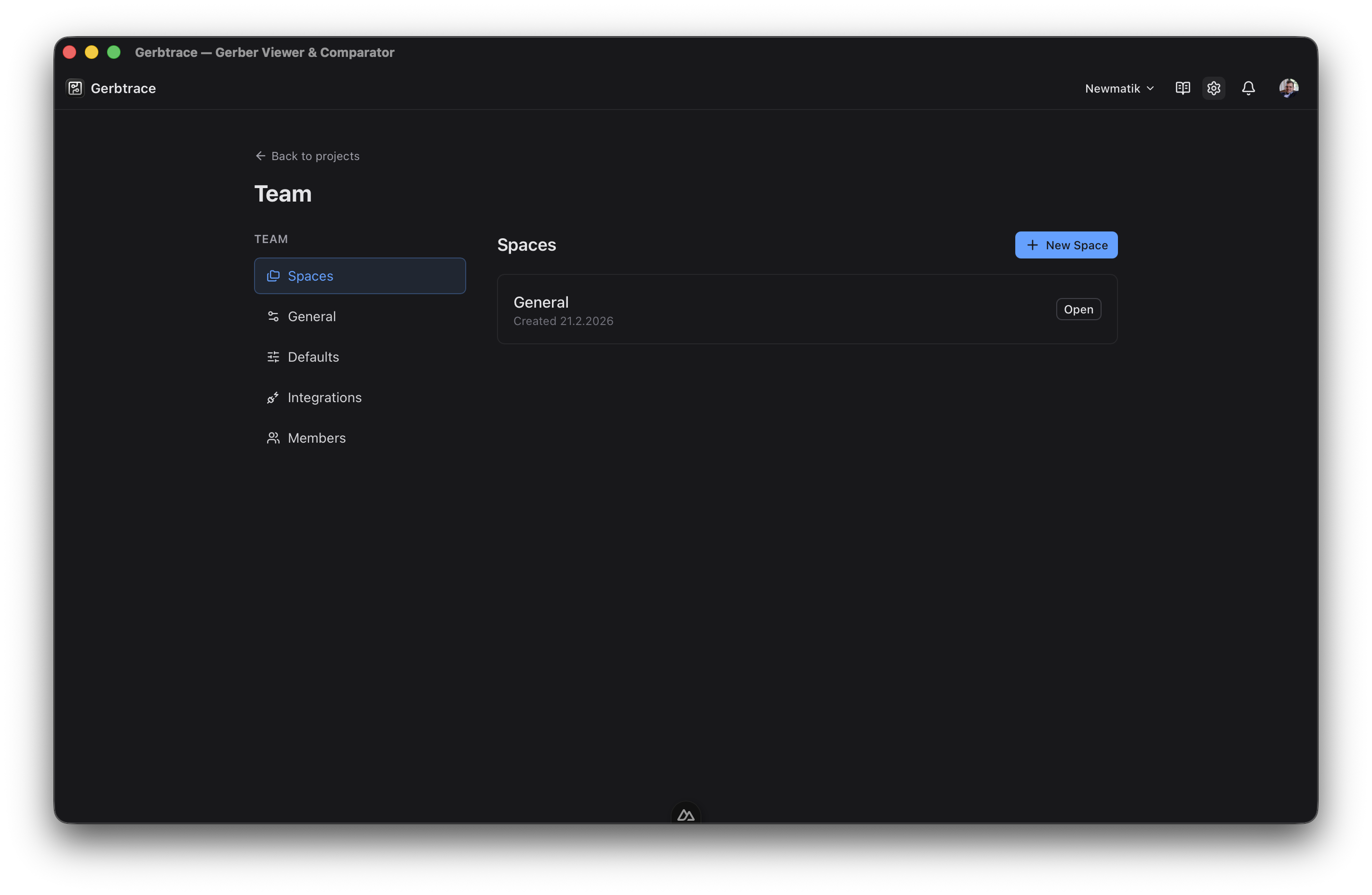 Spaces list page showing team spaces