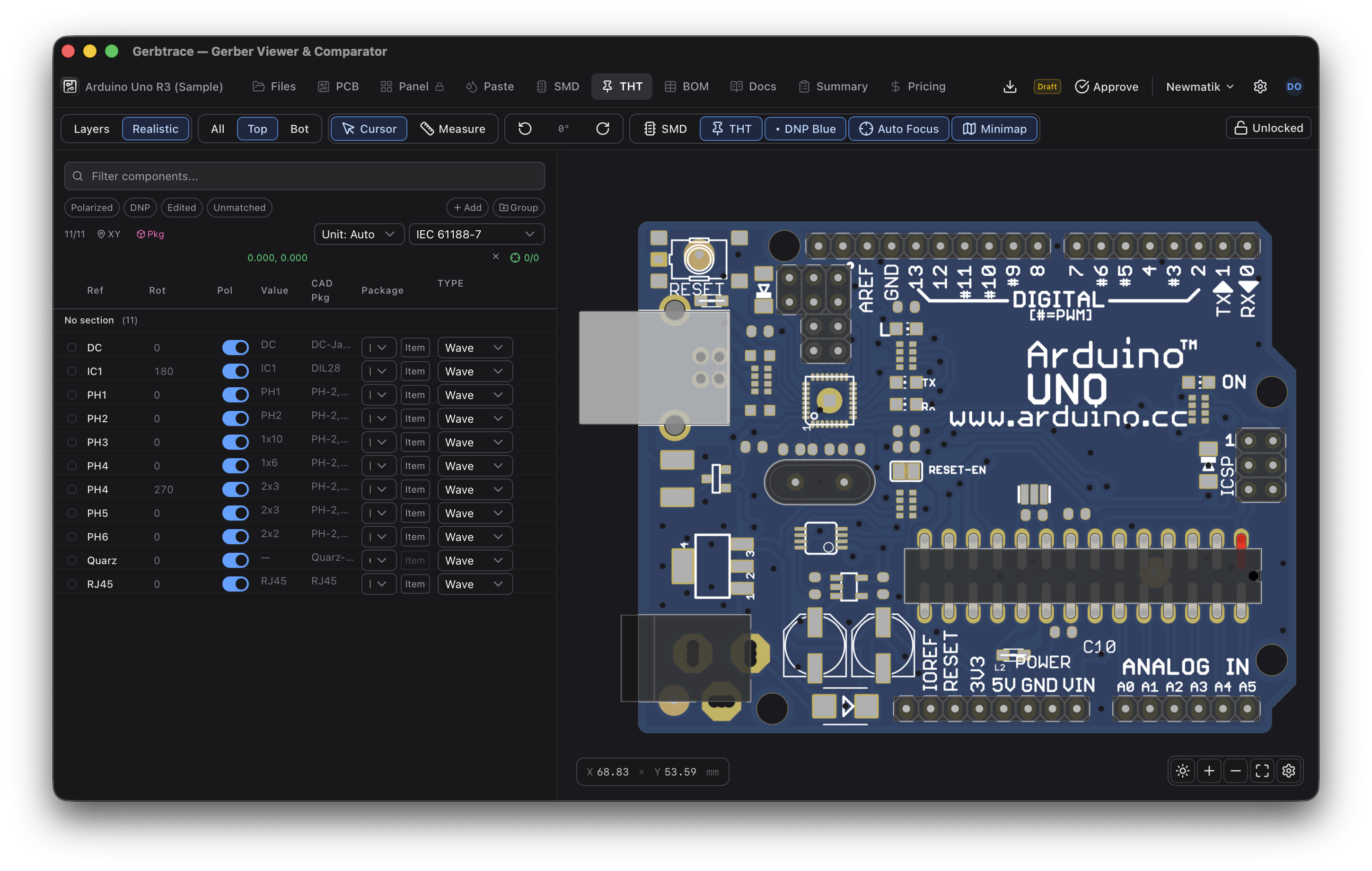 THT tab with through-hole component list and board overlay