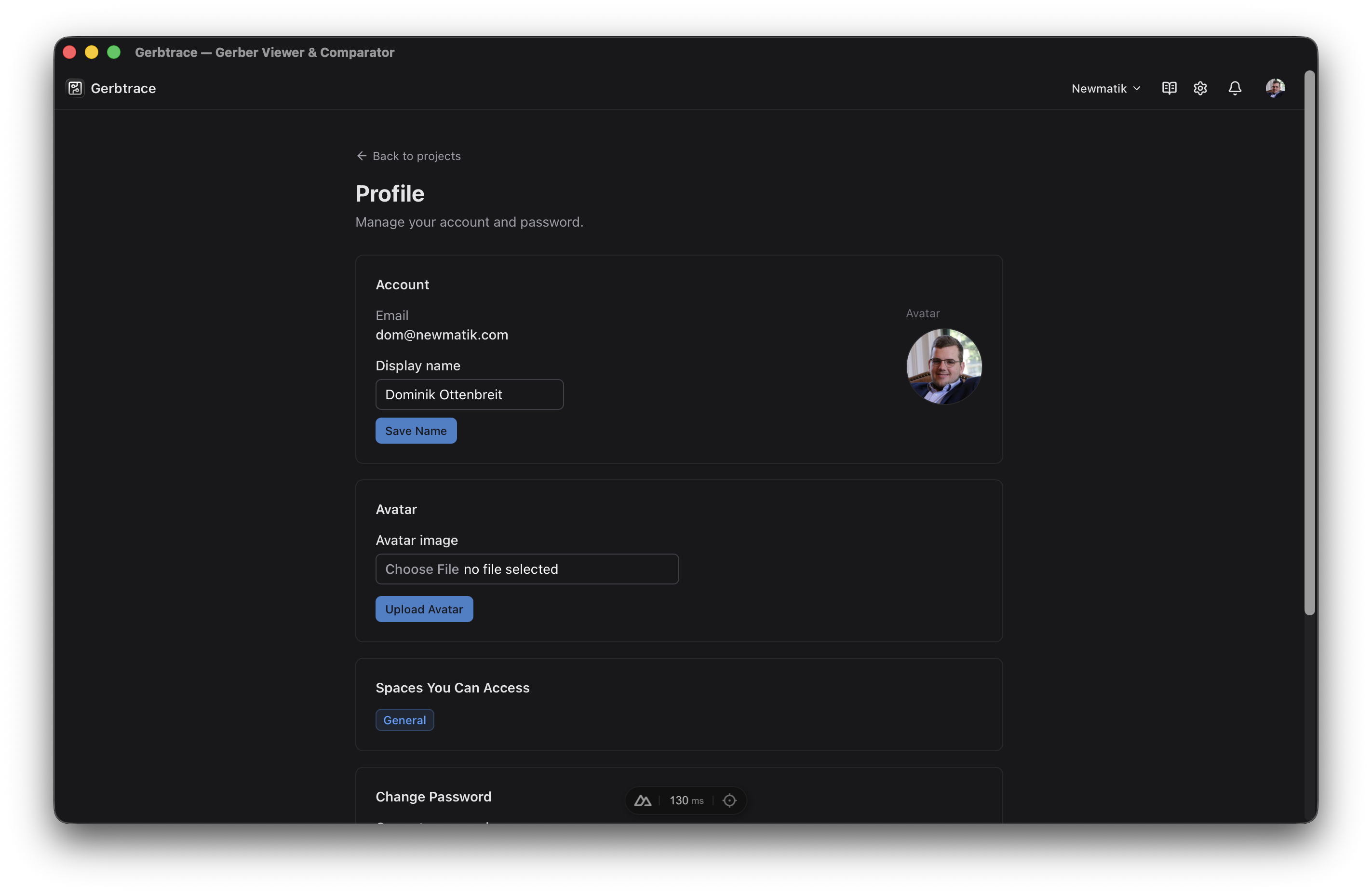 User profile dropdown menu
